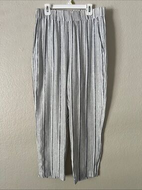 EUC 9SEED Linen & Cotton Blend Striped Silver/Navy Elastic Waist Pants P/S